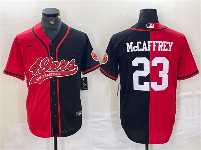 Men's San Francisco 49ers #23 Christian McCaffrey Red/Black Split With Patch Cool Base Stitched Baseball Jersey